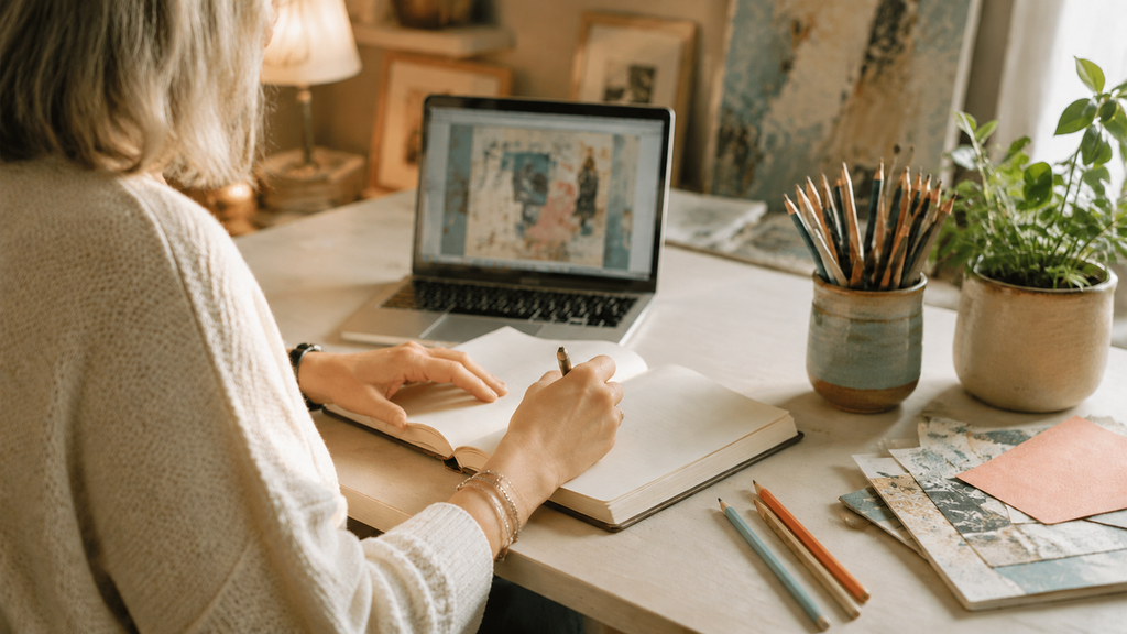 Notebook and creative tools representing turning your knowledge into a digital product after 50